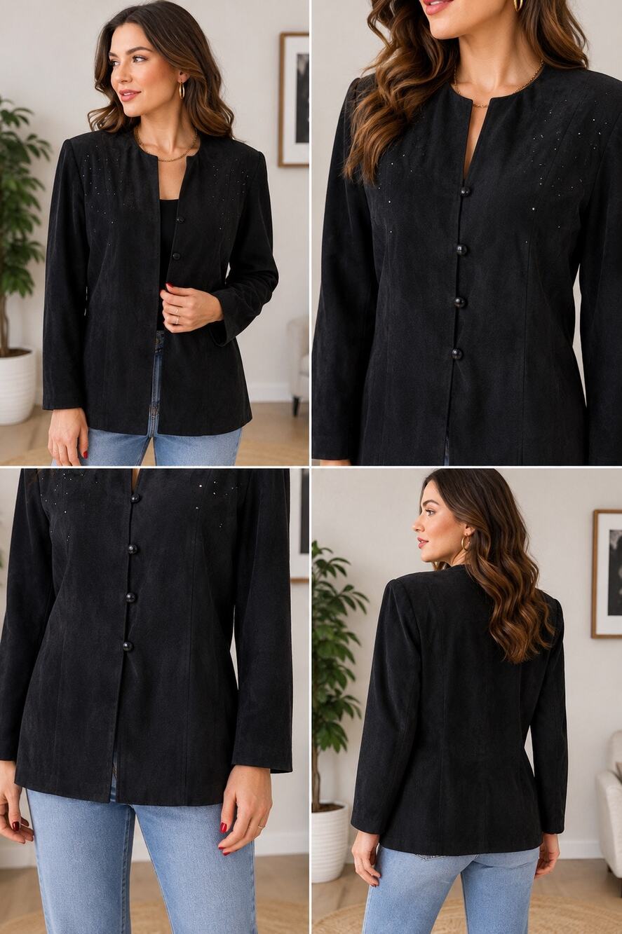 Vintage John Roberts Black Faux Suede Rhinestone Blazer Jacket Size 14 Career